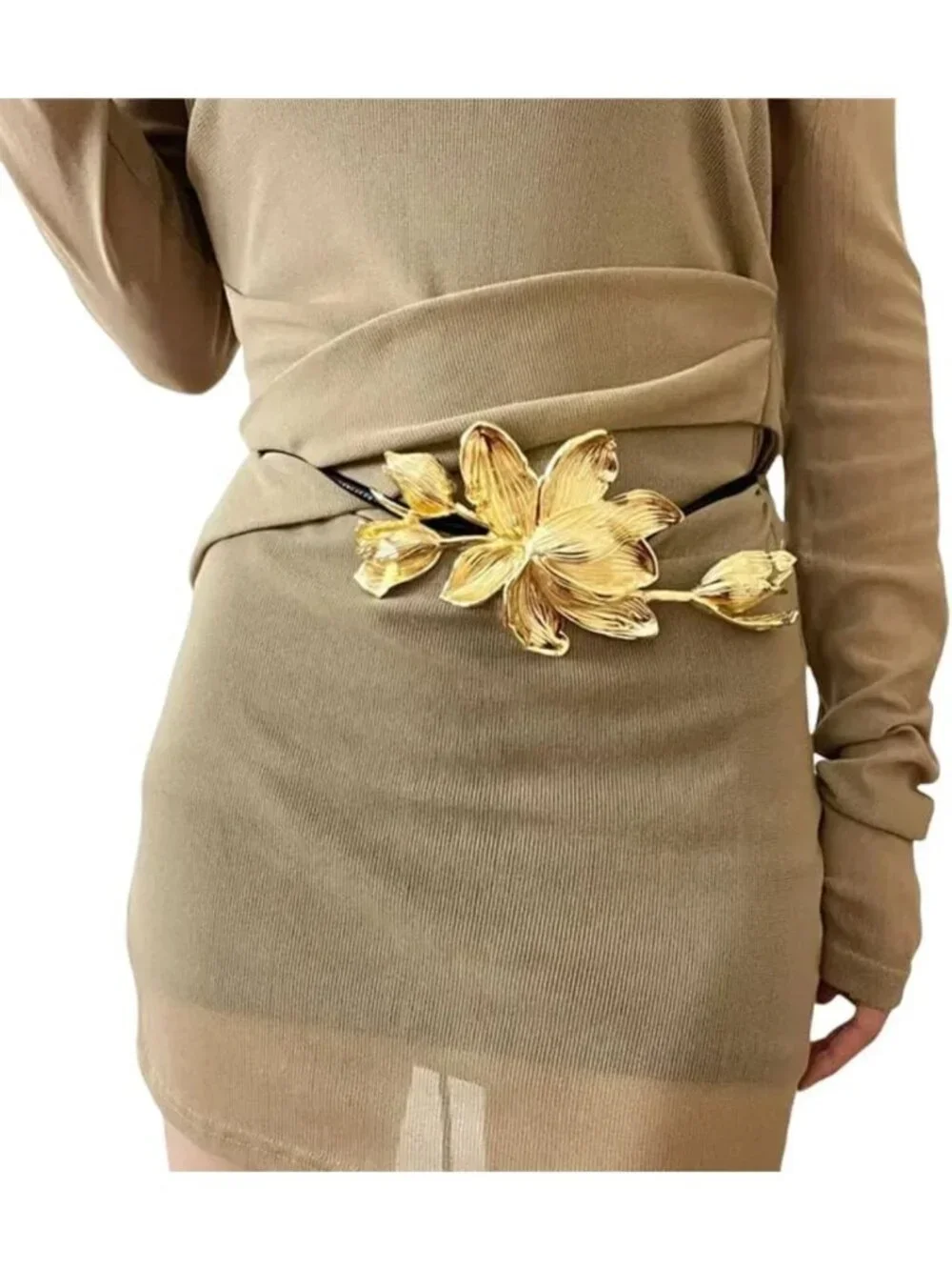 Elegant Retro Tulip Flower Waist Belt - Leather Rope Body Chain for Dresses